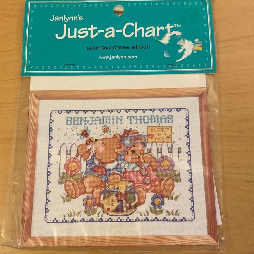JANLYNN’S JUST-A-CHART COUNTED CROSS STITCH 2001 13”x10” HONEY BEARS BIRTH ANN..